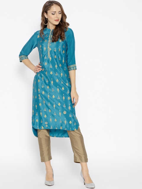 

AURELIA Women Teal Blue & Golden Quirky Print Straight Kurta
