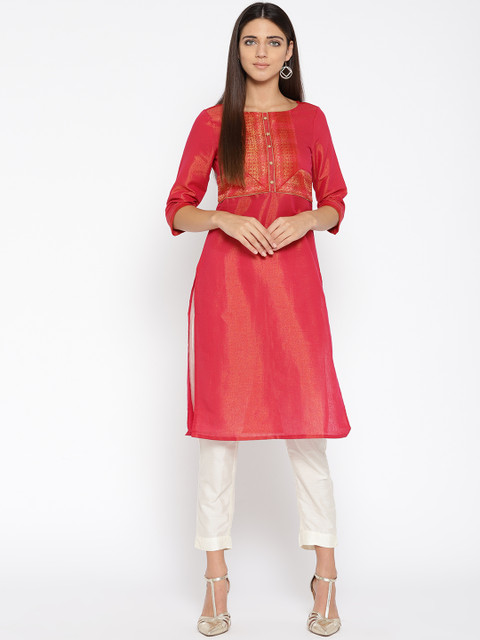 

AURELIA Women Red & Golden Woven Design Straight Kurta