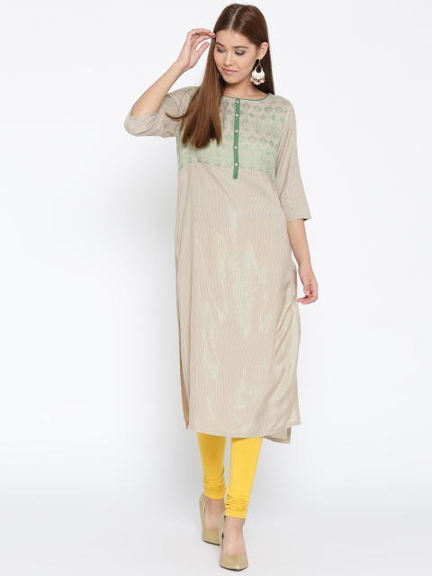 

AURELIA Women Beige Woven Design Straight Kurta
