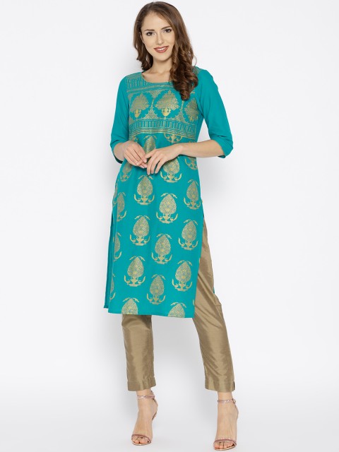 

AURELIA Women Green & Golden Printed Straight Kurta