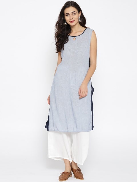 

AURELIA Women Navy Blue & White Striped Straight Kurta