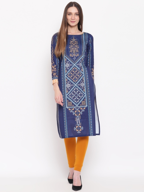 

AURELIA Women Navy Blue & White Printed Straight Kurta