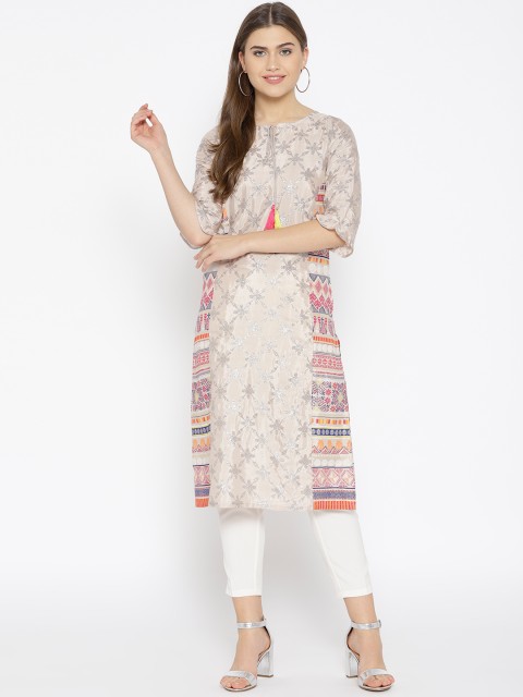 

AURELIA Women Taupe & Silver Printed Straight Kurta