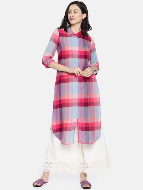 

AURELIA Women Pink & Blue Checked Straight Kurta