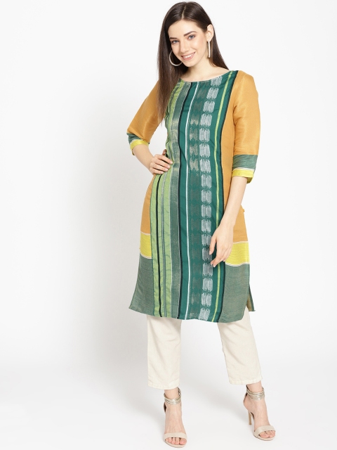 

AURELIA Women Green & Mustard Yellow Woven Design Straight Kurta