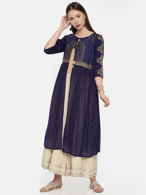 

AURELIA Women Navy Blue Printed Tailored Ethnic Jacket