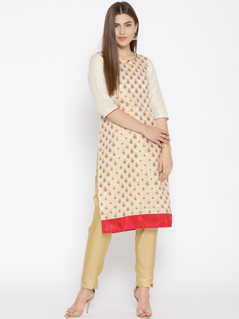 

AURELIA Women Off-White & Golden Woven Design Straight Kurta