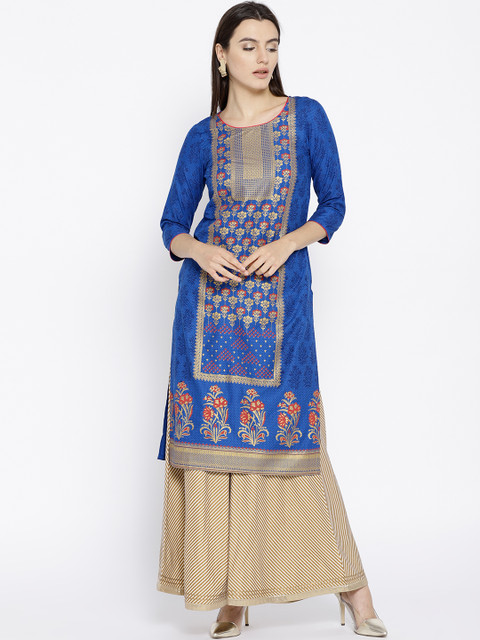 

AURELIA Women Blue & Golden Printed Straight Kurta
