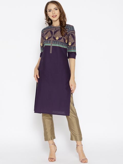 

AURELIA Women Purple & Golden Yoke Design Straight Kurta