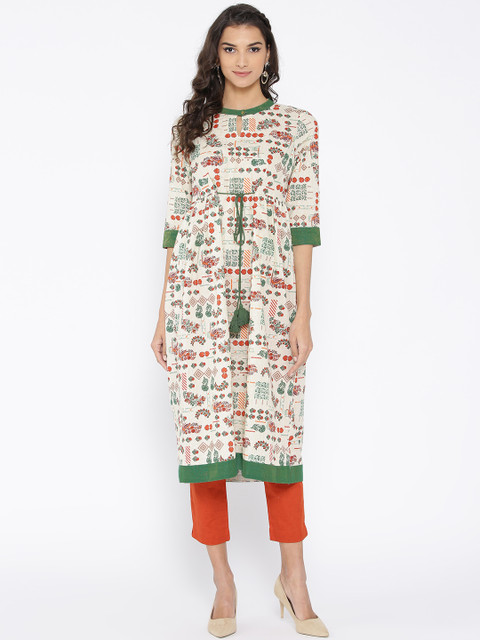

AURELIA Women Cream-Coloured & Green Printed A-Line Kurta