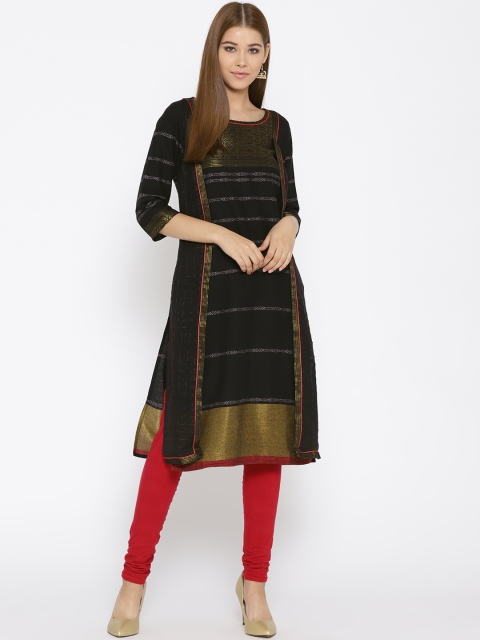

AURELIA Women Black & Golden Woven Design Layered A-Line Kurta