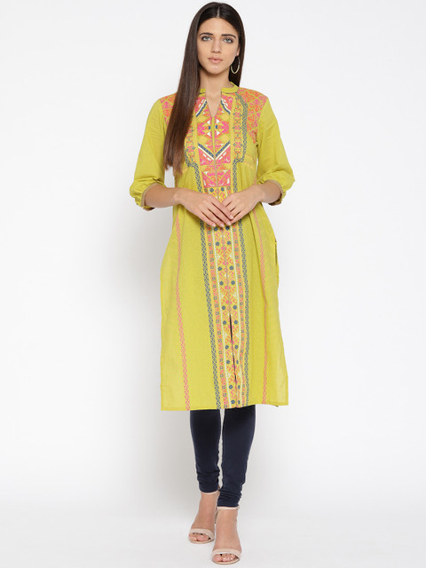 

AURELIA Women Green & Pink Printed Straight Kurta