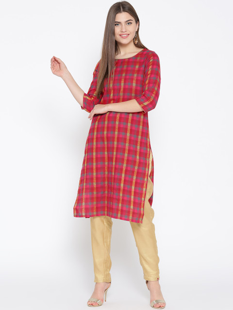 

AURELIA Women Red Checked Straight Kurta