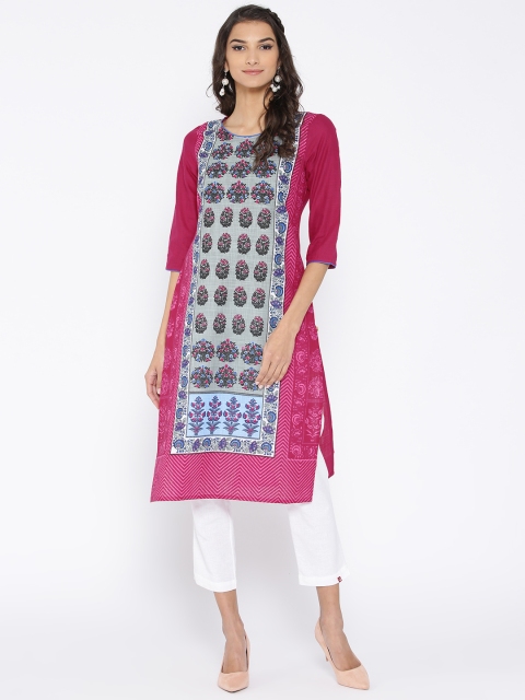 

AURELIA Women Pink & Grey Printed Straight Kurta