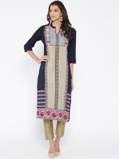 

AURELIA Women Navy & Off-White Printed Straight Kurta, Navy blue