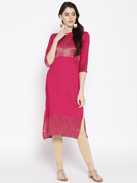 

AURELIA Women Magenta & Golden Yoke Design Straight Kurta