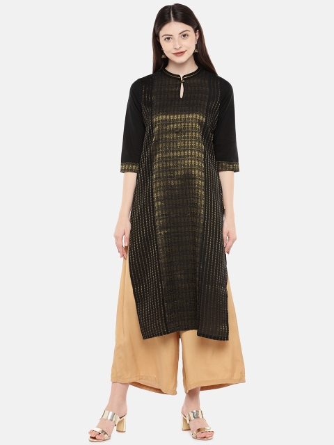 

AURELIA Women Black & Golden Zari Woven Design Straight Kurta