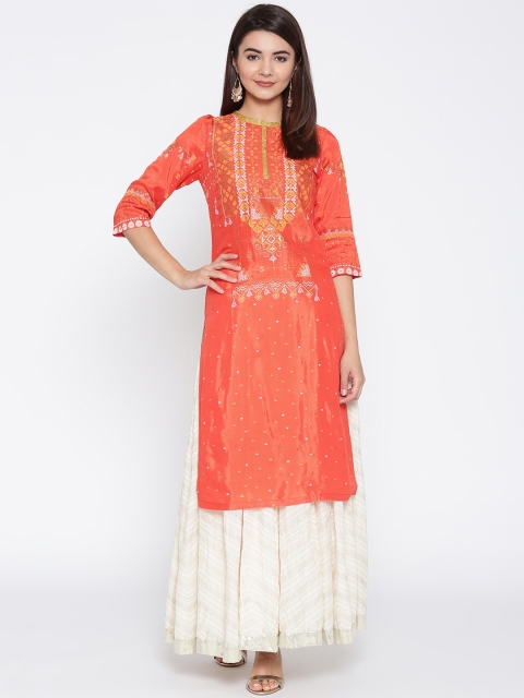 

AURELIA Women Orange & Golden Printed Straight Kurta