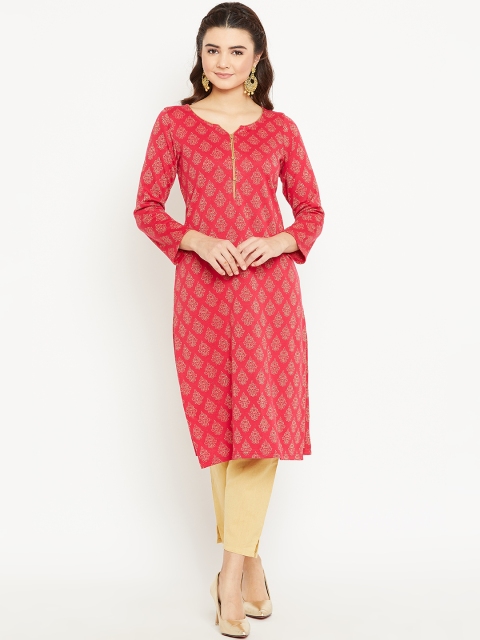 

AURELIA Women Pink & Golden Woven Design Straight Kurta