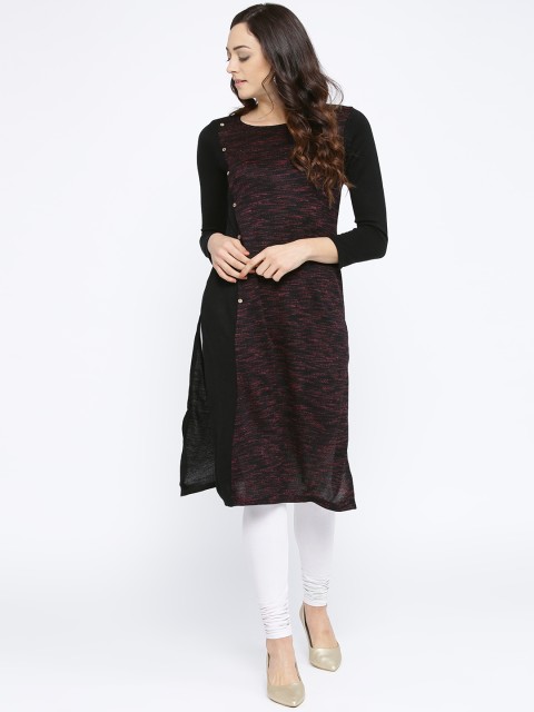 

AURELIA Women Black Woven Design Straight Winter Kurta