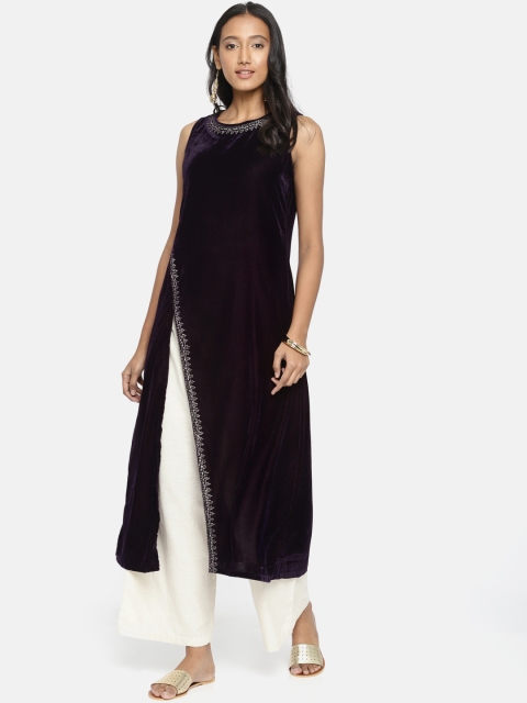 

Colour Me by Melange Women Purple Solid Velvet High Slit A-Line Kurta
