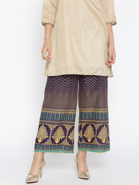 

AURELIA Women Purple & Golden Printed Wide Leg Palazzos