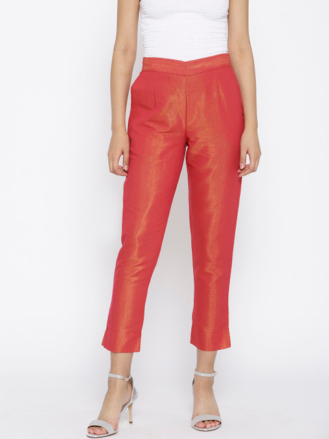 

AURELIA Women Coral Pink & Golden Solid Dual-Toned Regular Fit Trousers
