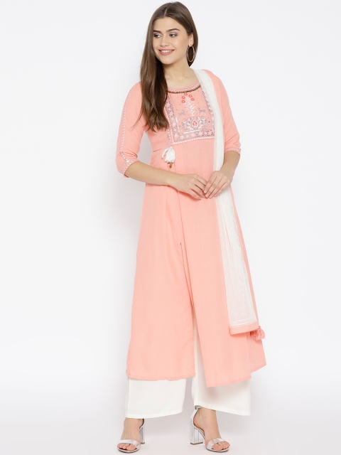 

AURELIA Women Peach-Coloured & Off-White Yoke Design Kurta with Palazzos & Dupatta