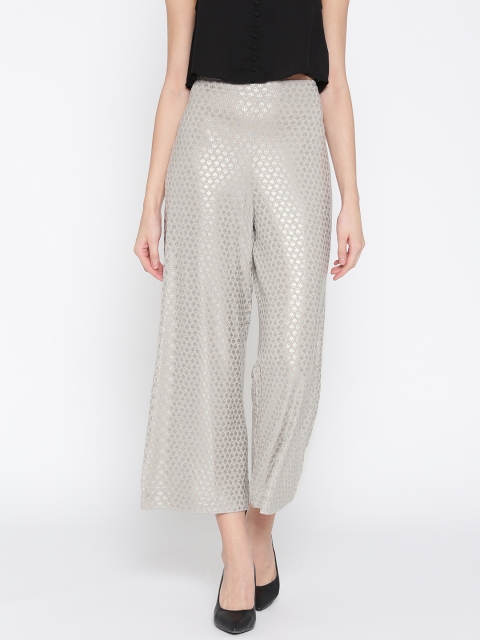 

AURELIA Women Silver Printed Cropped Wide Leg Palazzos