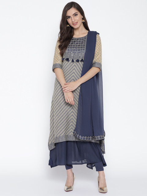 

AURELIA Women Taupe & Navy Blue Self Design Kurta with Churidar & Dupatta