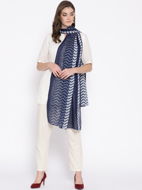 

AURELIA Navy Blue & White Printed Pure Cotton Dupatta