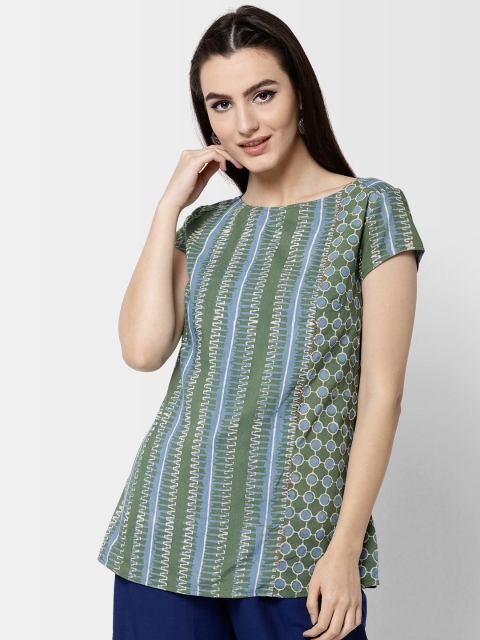 

Fabindia Women Green & Blue Hand Block Print Kurti