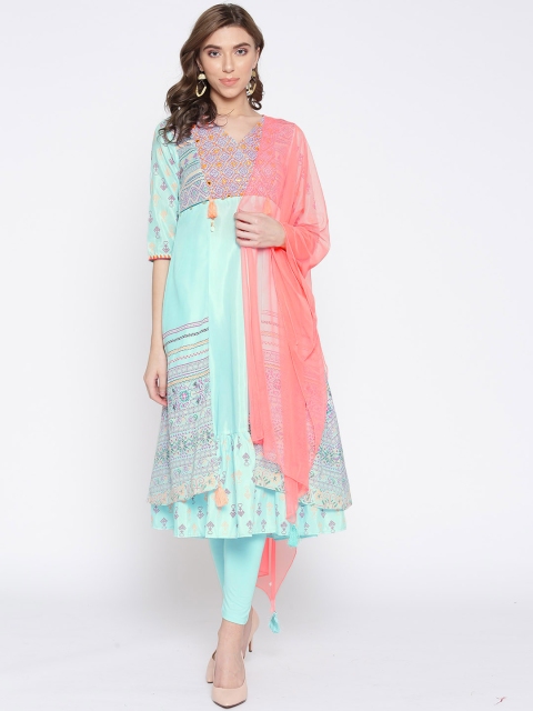 

AURELIA Women Blue Embroidered Kurta with Churidar & Dupatta
