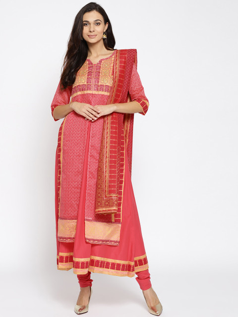 

AURELIA Women Coral Pink Printed Kurta with Churidar & Dupatta