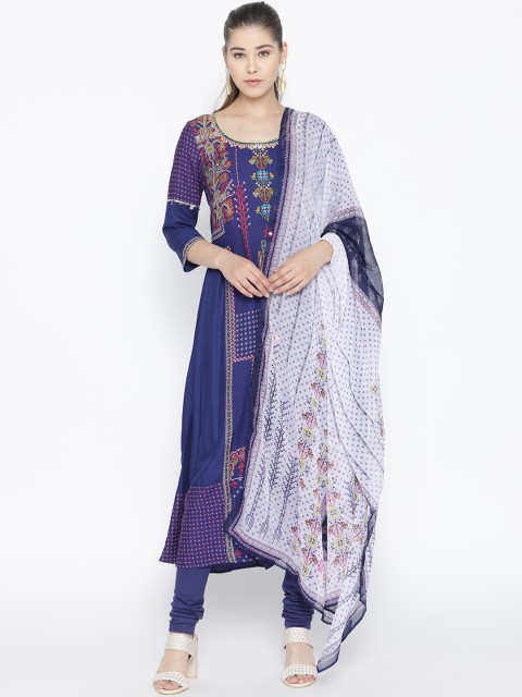 

AURELIA Women Navy Blue & White Printed Kurta with Leggings & Dupatta
