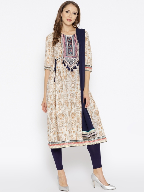 

AURELIA Women Off-White & Navy Blue Printed Kurta with Churidar & Dupatta