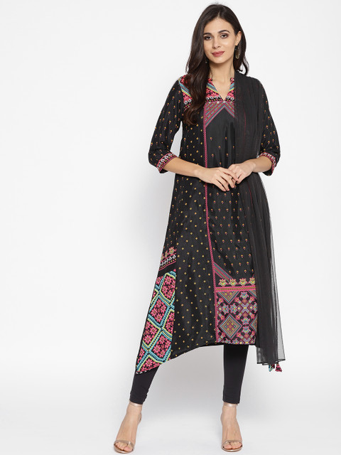 

AURELIA Women Black & Printed Kurta with Churidar & Dupatta