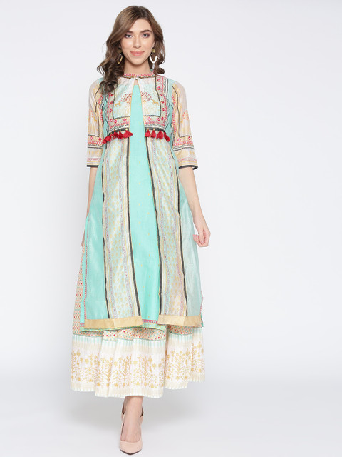 

AURELIA Women Sea Green & Off-White Printed Kurta with Skirt