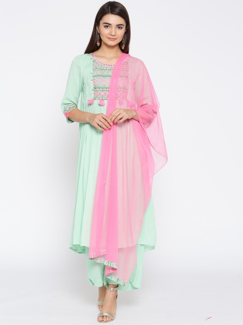 

AURELIA Women Sea Green & Pink Yoke Design Kurta with Palazzos & Dupatta
