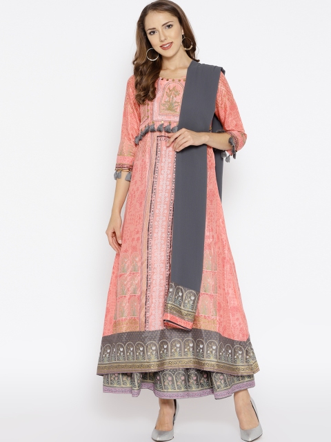 

AURELIA Women Peach-Coloured & Grey Printed Kurta with Skirt & Dupatta