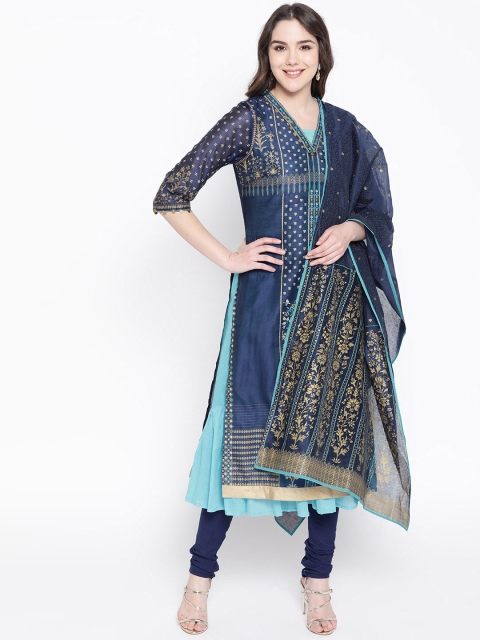 

AURELIA Women Blue & Golden Printed Layered Kurta with Churidar & Dupatta