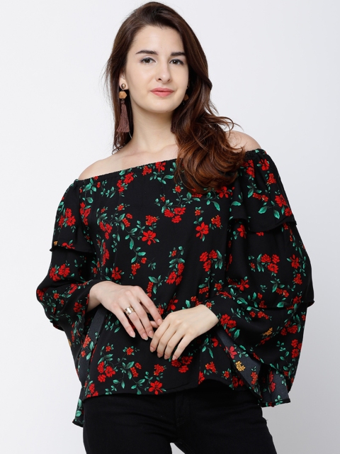 

Tokyo Talkies Women Black Floral Print Bardot Top