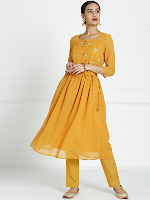 

all about you Women Mustard Yellow Embroidered Kurta with Trousers