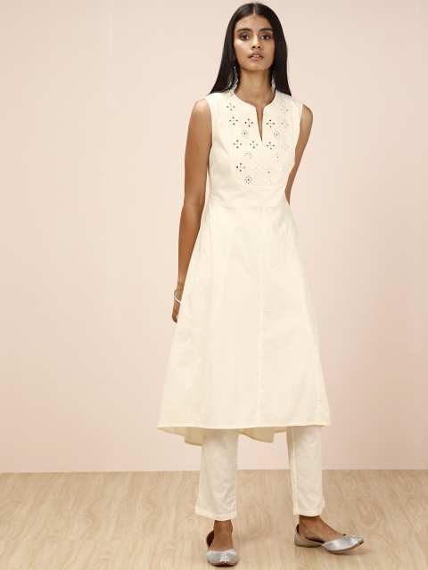 

all about you Women Cream-Coloured Solid Kurta with Trousers