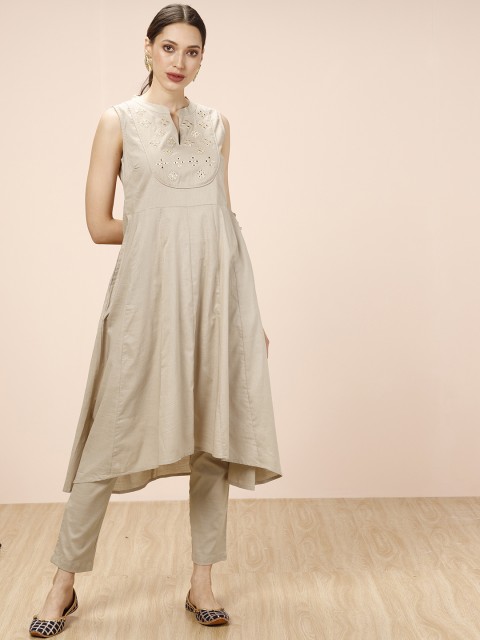 

all about you Women Beige Embroidered Kurta with Trousers