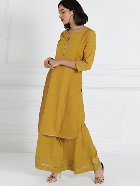 

all about you Women Mustard Self Design Kurta with Skirt