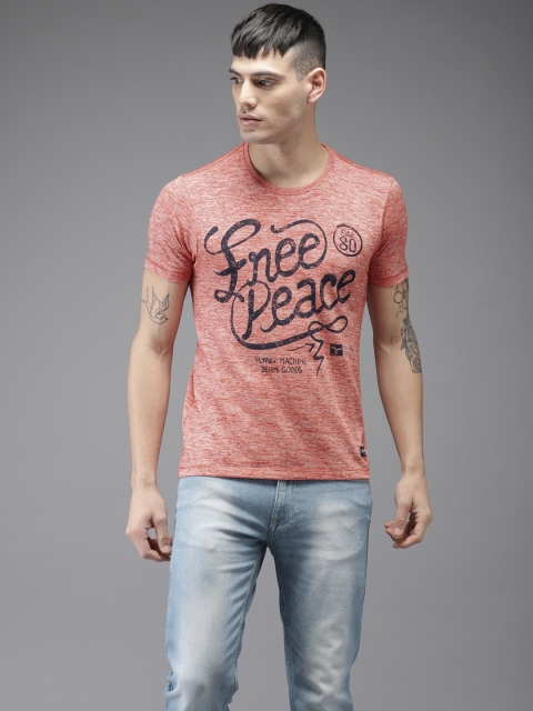 

Flying Machine Men Coral Red Printed Round Neck T-shirt
