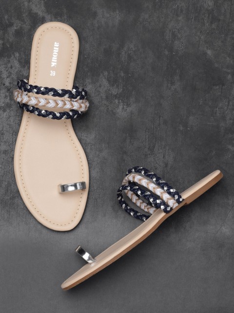

Anouk Women Navy Blue & White Woven Design One Toe Flats