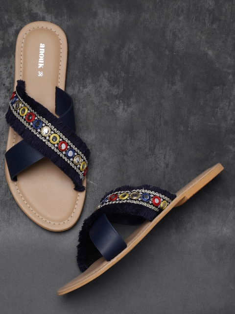

Anouk Women Navy Blue Embellished Open Toe Flats