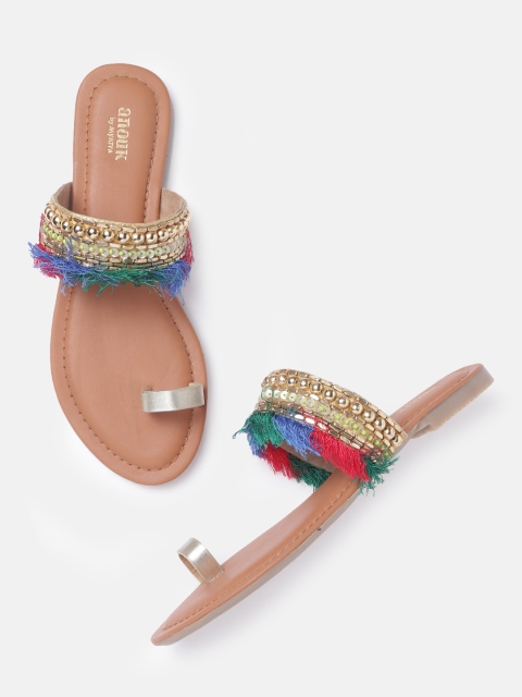 

Anouk Women Tan brown & Gold-Toned Embellished One Toe Flats